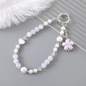 Pendentif perle en forme de cœur avec fleur de cerisier mauve et fermoir argenté