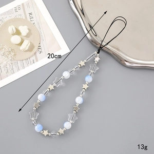 Handmade beaded phone strap with light blue beads and silver stars, 20cm long jewelry accessory