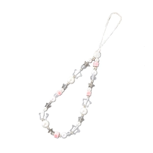 Beaded phone strap with pink square beads, white pearls, bow and stars charms