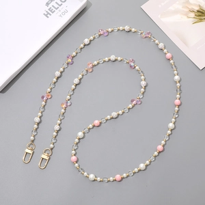 Pink and white pearl beaded crossbody phone chain with sparkling crystal balls and gold clasps