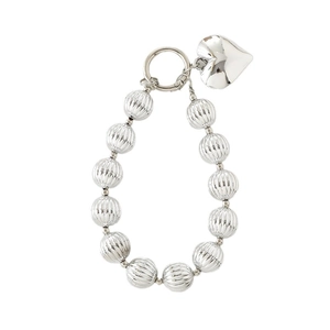 Silver beaded chain with striped metal balls and a large smooth 3D heart pendant