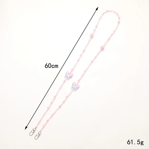 Pink beaded crossbody phone strap with butterfly charms and silver lobster clasps