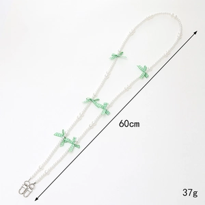 60cm pearl crossbody phone strap with green plaid bows and silver metal clasps