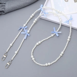Crossbody phone lanyard with white pearls and blue checkered bows for women's bags