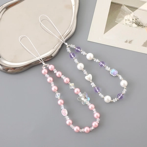Charming pearl heart beaded phone straps in pink and purple colors for cameras and bags