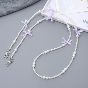Elegant pearl phone lanyard with purple checkered bows and silver metal clasps