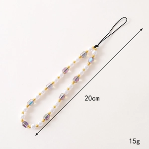 Elegant beaded phone strap with pearls and crystal beads 20cm long for women