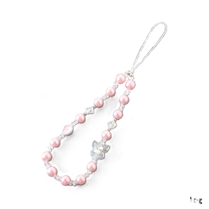Pink pearl beaded phone strap with transparent butterfly pendant for bags and cameras