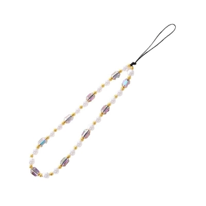 Elegant beaded phone strap with white pearls, purple crystal beads and gold metal accents