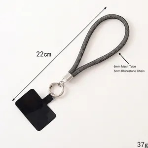 Sparkling crystal rhinestone mesh tube phone lanyard strap with metal ring and black patch