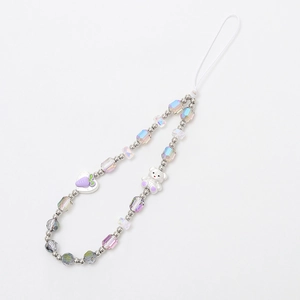 Cute bear and carrot beaded phone strap with clear multifaceted crystals and silver beads