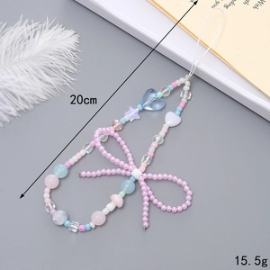 Pastel beaded phone strap with macaron bow design and colorful star charms, 20cm length