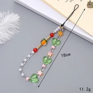 Colorful beaded phone strap with bow and heart charms, 18cm length and 11.2g weight