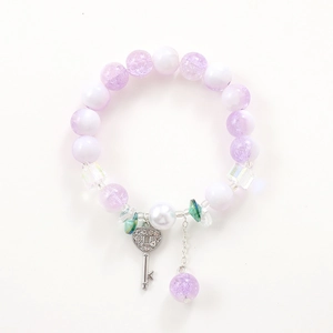 Chic purple cracked crystal bead bracelet with heart lock and key charms on white background