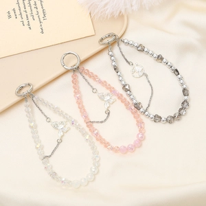 Crystal Beaded Double Chain Butterfly Keychain Phone Case Strap Bag Pendant For Women Heart Beads Jewelry Charm 15cm