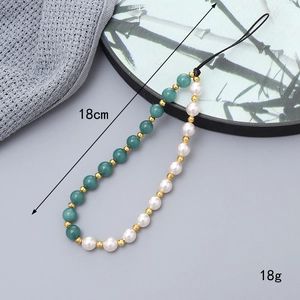Chinese style beaded phone charm with green stones, pearls and 18cm long nylon strap