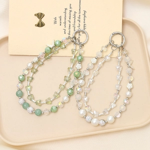 Crystal Beaded Double Chain Butterfly Flower Keychain Bag Charm Phone Lanyard For Women Fashion Daily Accessories