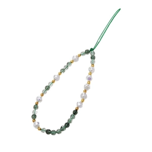 Chinese style beaded phone charm with green natural stones and golden spacers on white backdrop