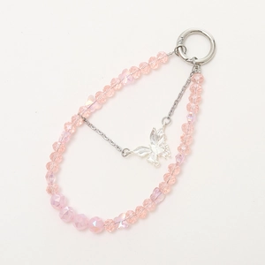 Pink crystal beaded keychain with silver butterfly charm and polished metal ring