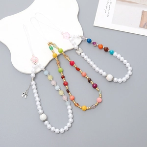 Handmade Beaded Phone Lanyard Wrist Strap Colorful Imitation Artificial Pearl Acrylic Flower Bowknot Charm Phone Case String For Women Jewelry