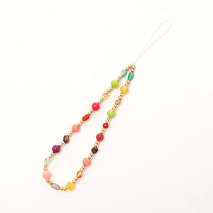 Colorful beaded phone lanyard with pearl bow and golden spacers on white background