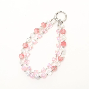 Pink double-layered beaded phone charm with crystal beads and silver spring clip clasp