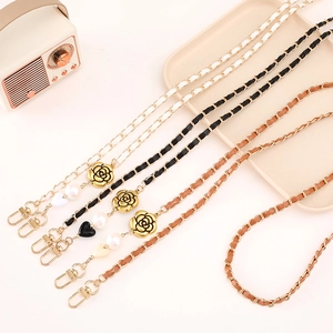 Women Elegant Camellia Flower Artificial Pearl Heart Crossbody Bag Strap Metal Chain Leather Interwoven Phone Lanyard Fashion Accessory