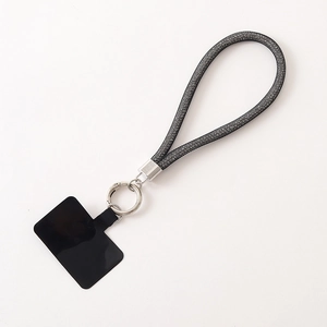 Gray glitter mesh tube phone wrist strap with silver metal clasp and black tether pad