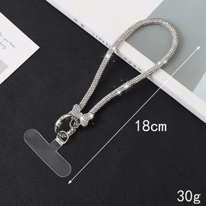 Silver rhinestone phone lanyard with metal ring buckle and transparent gasket insert