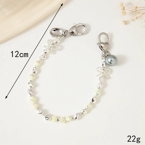 Dragonne en perles avec noeud argenté et mousqueton coeur, longueur 12 cm