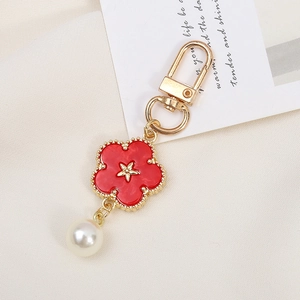 French vintage red enamel flower keychain with gold bead edge and white pearl pendant