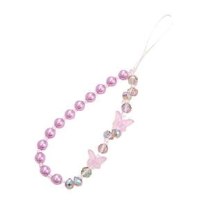 Cordon de téléphone perlé violet avec cristaux irisés et charmes de papillon rose