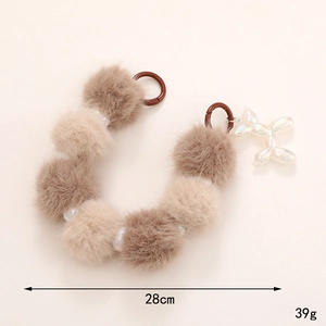 Colorful plush ball keychain with pearl beads and balloon dog charm for bag or phone