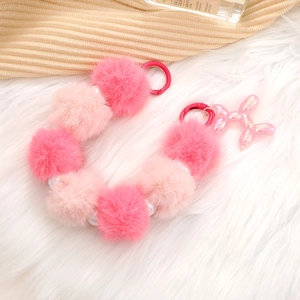 Pink plush ball beaded charm with iridescent balloon dog pendant for handbags