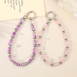 Porte-Clés Pendentif Papillon en Métal Double Chaîne Avec Perles en Verre Cristal Craquelé Dragonne Courte de Poignet pour Sac