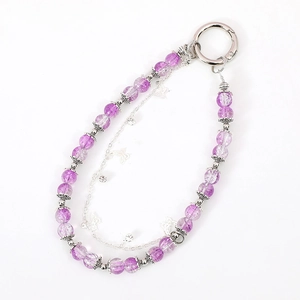 Lilac beaded phone strap with silver double chains and hollow butterfly charm