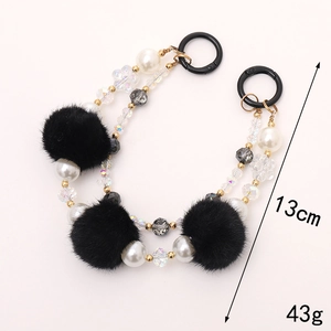 Porte-clés pompon en peluche avec perles et double chaîne, longueur 13cm poids 43g
