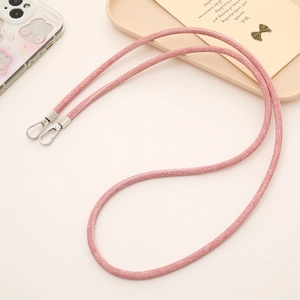 Close-up of pink woven denim phone lanyard with dual silver metal lobster clasps