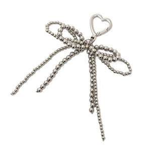 Minimalist pearl bow pendant keychain with metallic beads and heart spring clasp