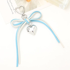 Sweet light blue and cream bow keychain with polished heart pendant and zinc alloy hook