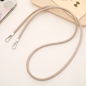 Close-up of woven crossbody phone lanyard with dual silver metal lobster clasps
