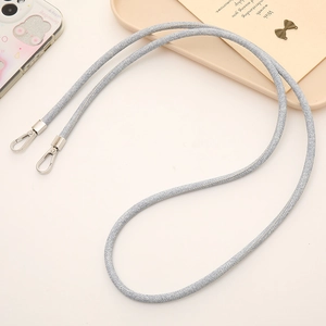Detail of silver-blue glitter braided cord with dual rotating metal lobster clasps