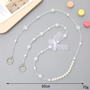 Beaded pearl and crystal crossbody lanyard with white mesh bow and silver rings 60cm