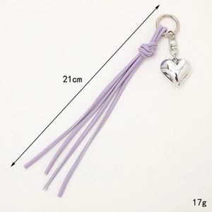 Purple leather fringe heart keychain with lobster clasp and silver metal pendant
