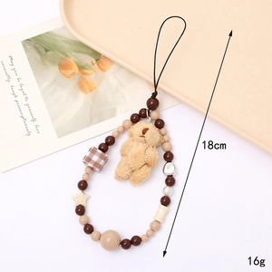 Cute brown plush bear phone strap with colorful beads and artistic postcard decor