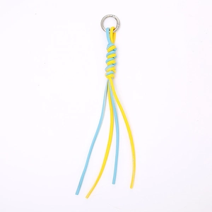 Blue and yellow woven rope keychain with spiral knot and silver metal ring accessory
