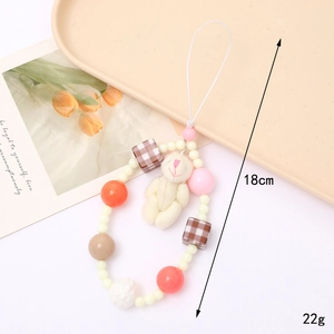 Handmade plush bear phone strap with cream and brown beads for cameras and phones