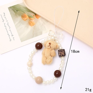 Cute plush bear beaded phone strap with pearls and leopard pattern charm, 18cm long