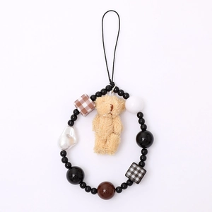 Cute plush bear beaded phone strap with baroque pearl and checkered charm for CCD cameras