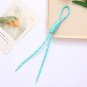 Macro detail of sky blue braided rope featuring a decorative knot and reinforced ends